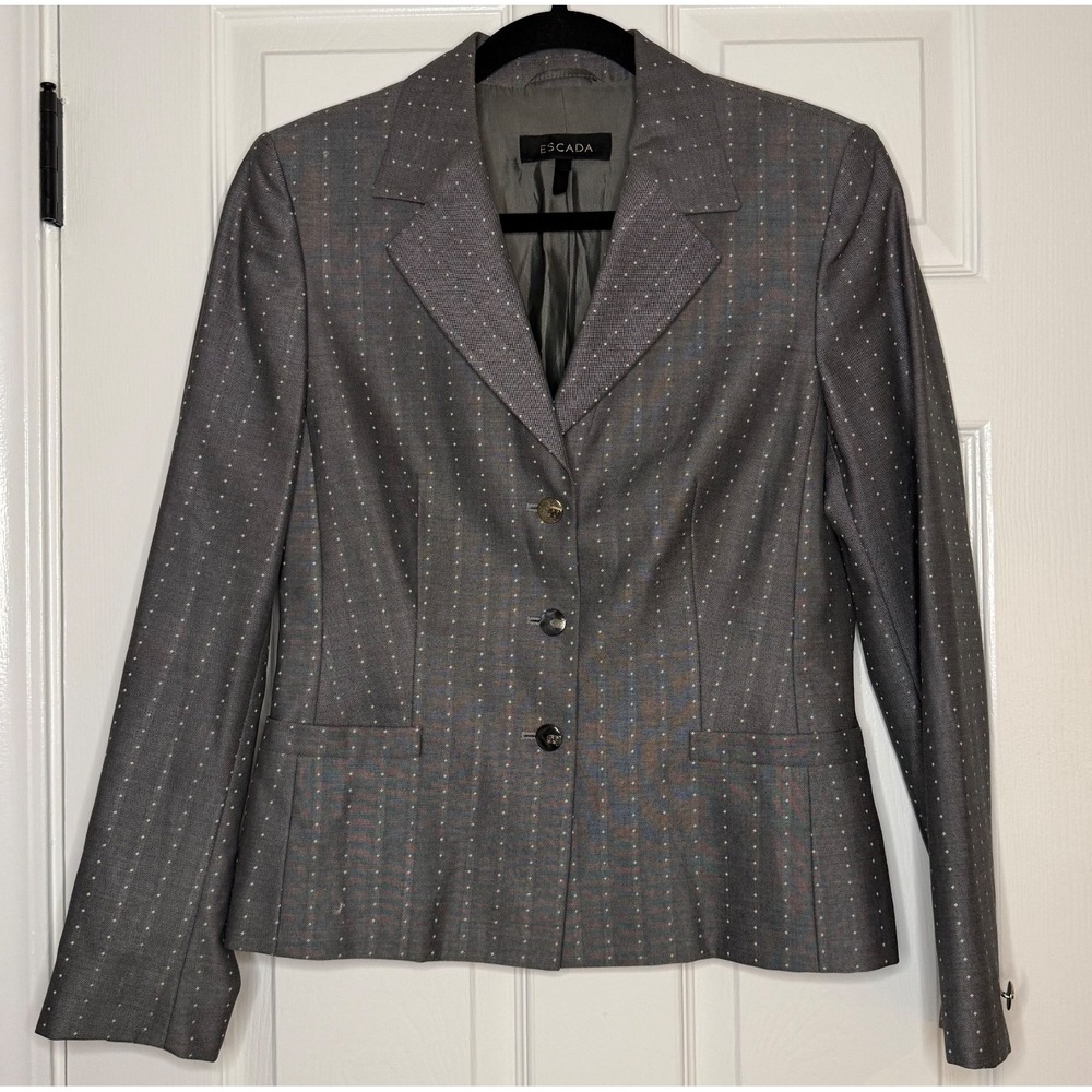 ESCADA Womens Gray Polka Dot Wool Silk Blend‎ Blazer Jacket Size 38